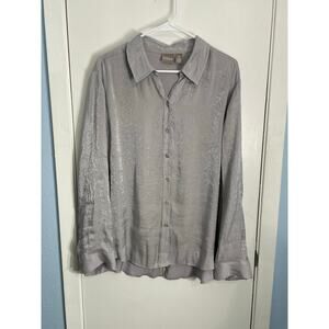 Chico’s Blouse XL Shimmery Silver Dressy Crepe Office Holidays Roll Tab Sleeve